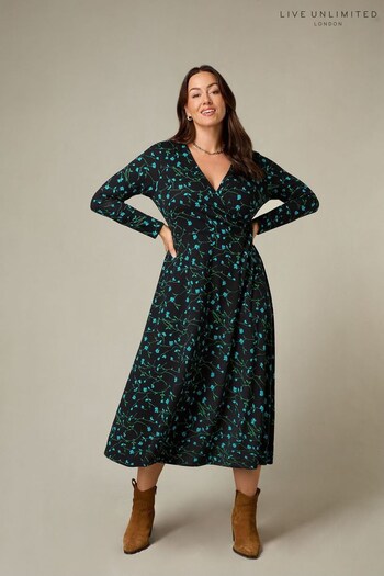 Live Unlimited Blue Curve Petite Ditsy Print Jersey Wrap Dress (N54555) | £59