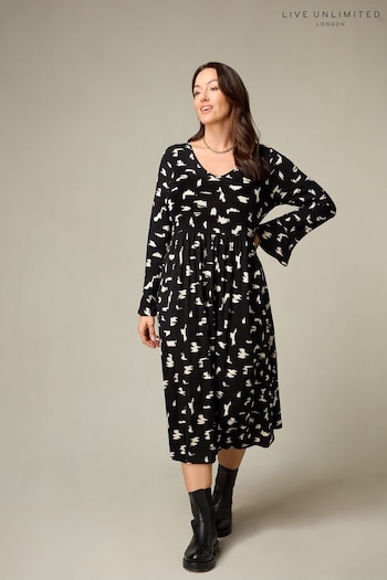 Live Unlimited Curve Petite Mono Smudge Print Jersey Flute Sleeve Midi Black Dress (N54564) | £59