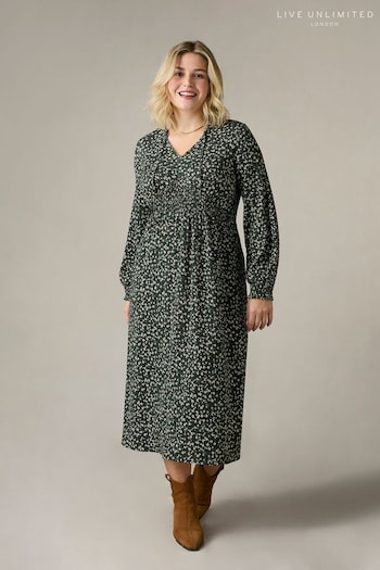 Live Unlimited Green Curve Ditsy Jersey Shirred Waist Dress (N54565) | £79