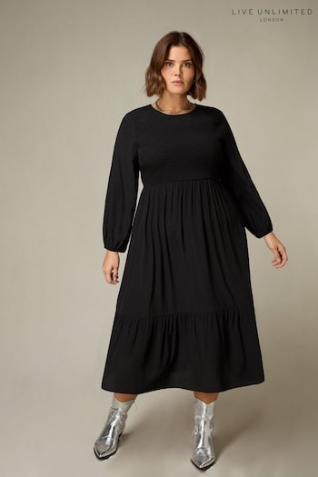 Live Unlimited Curve Shirred Front Midi Black Dress (N54569) | £79