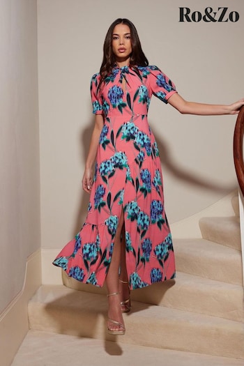 Ro&Zo Pink Scarlett Floral Print Twist Neck Maxi Dress (N54578) | £169