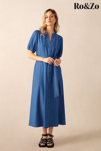 Ro&Zo Blue Tie Waist Tencel Shirt Dress (N54582) | £89