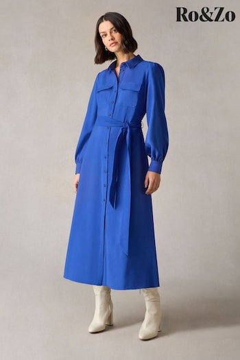 Ro&Zo Blue Petite Pocket Detail Midi horizons Shirt Dress (N54583) | £119
