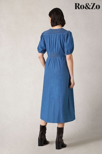Ro&Zo Blue Petite Shirred Shoulder Midi Dress (N54589) | £89