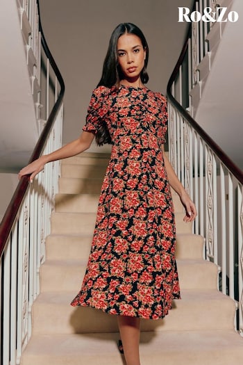 Ro&Zo Red Rose Print Ruched Front Midi Dress (N54599) | £99