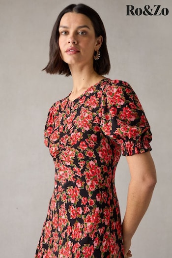 Ro&Zo Petite Red Rose Print Ruched Front Midi Dress (N54607) | £99