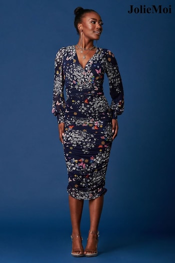 Jolie Moi Blue Long Sleeve Ruched Mesh Midi Dress (N54971) | £75