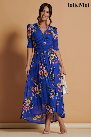 Jolie Moi Blue Haizley Floral Print Mesh Maxi Dress (N54982) | £89