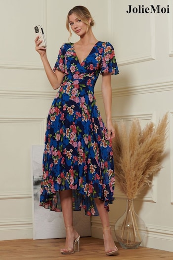Jolie Moi Blue Pleated Chiffon High Low Maxi Dress (N54988) | £79