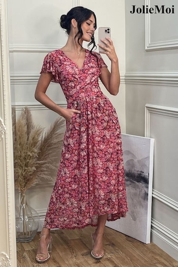 Jolie Moi Pink Mesh V-Neck Maxi Dress (N54989) | £75
