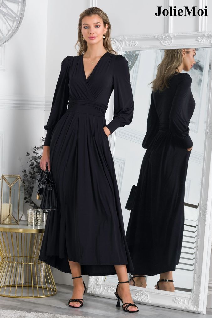 Black A-line One Shoulder Long Sleeves High Slit Prom Dresses Online,1 –  SposaDresses