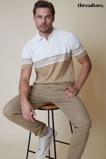 Threadbare Brown & White Cotton Blend 1/4 Zip Knitted Polo key-chains Shirt (N55009) | £24