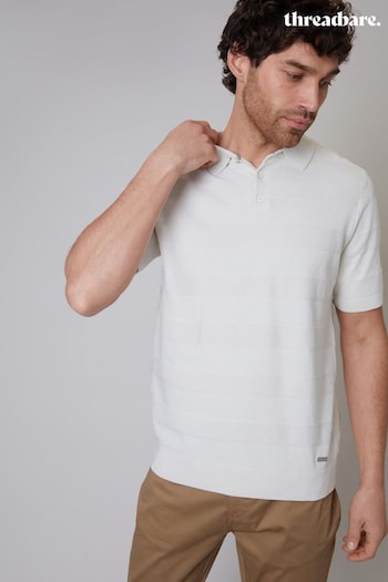 Threadbare White Cotton Mix Short Sleeve Textured Knitted Polo Shirt (N55010) | £24