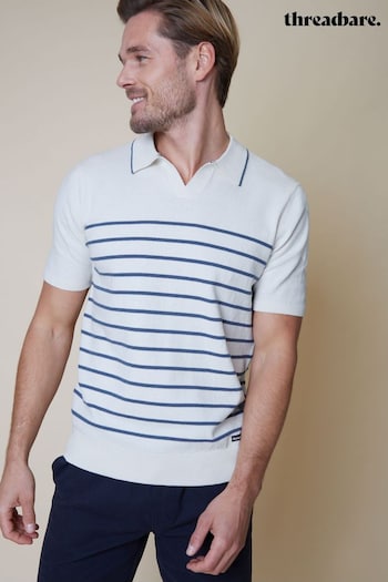 Threadbare White & Blue Stripe Cotton Mix Trophy Neck Short Sleeve Knitted Polo Shirt (N55013) | £24