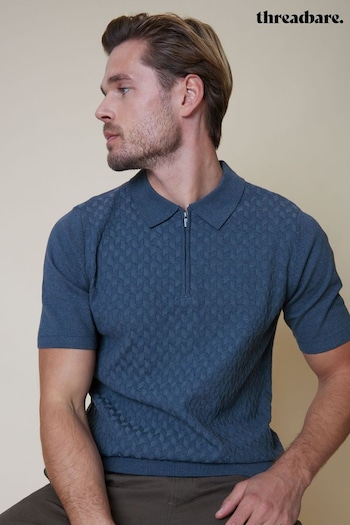 Threadbare Blue Cotton Blend 1/4 Zip Knitted eyewear Polo Shirt (N55015) | £24