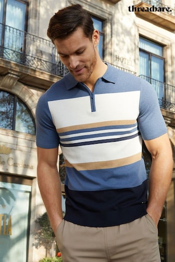 Threadbare Blue White & Brown Cotton Blend 1/4 Zip Knitted Polo cinza Shirt (N55017) | £24