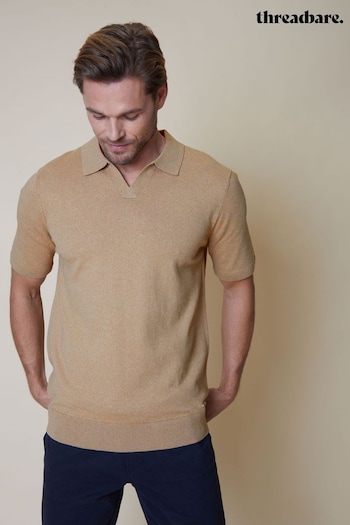 Threadbare Brown Cotton Mix Trophy Neck Short Sleeve Knitted Polo cinza Shirt (N55024) | £22