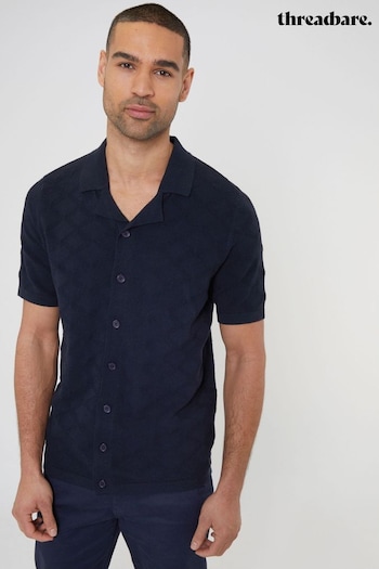 Threadbare Blue Cotton Mix Revere Collar Short Sleeve Textured Knitted Shirt (N55029) | £24
