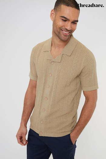 Threadbare Brown Cotton Mix Revere Collar Short Sleeve Textured Knitted Shirt (N55032) | £24