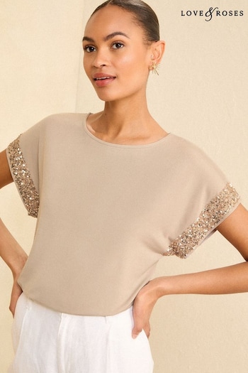 Love & Roses Camel Sequin Cuff Jersey Top (N55161) | £29