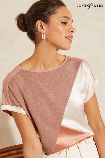 AMI Paris Ami de Coeur T-Shirt aus Bio-Baumwolle Weiß Pink Metallic Roll Sleeve Jersey T-Shirt (N55167) | £29