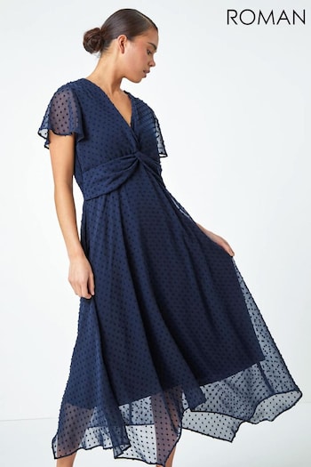 Roman Blue Textured Spot Twist Front Midi Dress (N55410) | £55