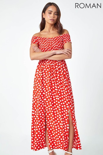 Roman Red Petite Polka Dot Bardot Midi Dress (N55414) | £38