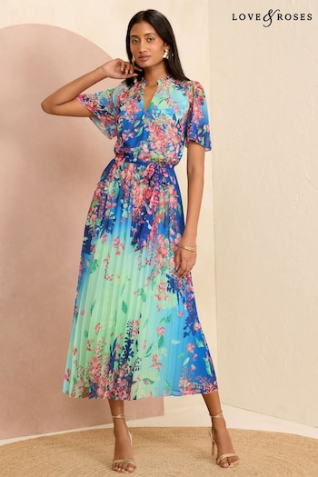 Tutus & Tulle Mesh Blue Floral V Neck Pleated Midi Dress (N55673) | £78