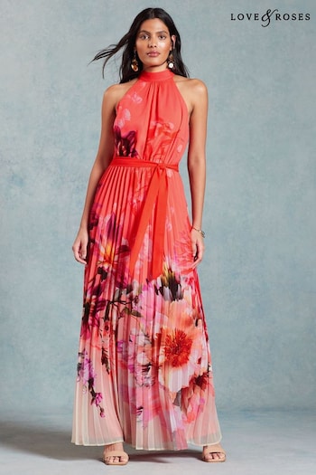 Love & Roses Orange Floral Petite Pleated Halterneck Maxi Dress (N55677) | £79