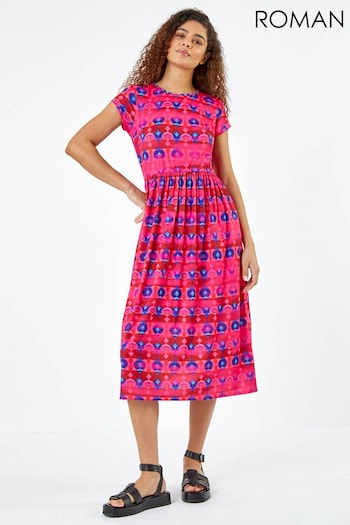 Roman Pink Geometric Pocket Stretch Midi Dress (N55728) | £38