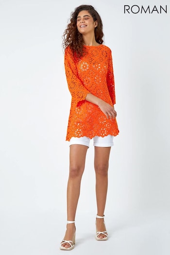 Roman Orange Floral Cotton Crochet Top (N55748) | £40