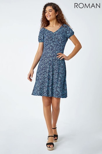 Roman Blue Ditsy Floral Stretch Ruched Dress (N55752) | £36