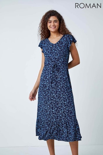 Roman Blue Ditsy Floral Frill Stretch Midi Dress (N55754) | £40