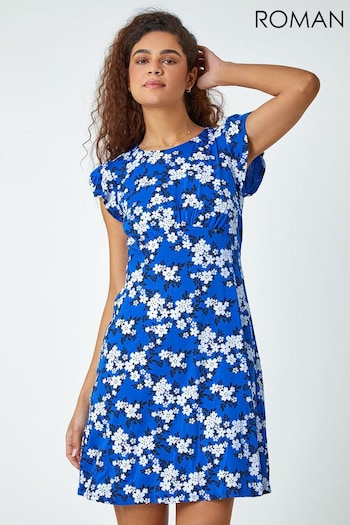 Roman Blue Floral Print Frill Sleeve Stretch Dress (N55788) | £36