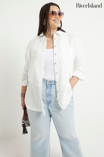 River Island White Curve Linen Feel Double Faced Shirt (N55813) | £30