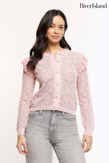 River Island Pink Lace Button Front Knitted Top (N55826) | £40