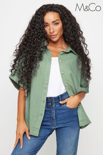 M&Co Green Petite Short Sleeve Linen Button Shirt (N56032) | £27