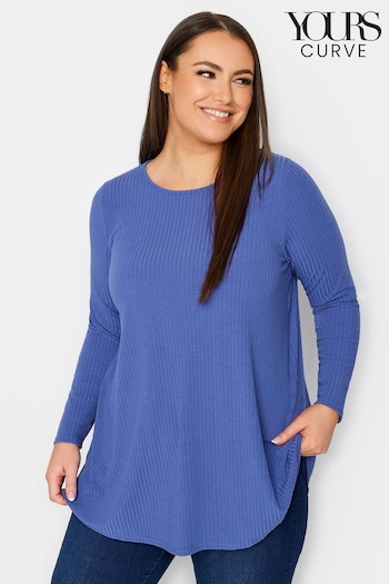 Yours Curve Blue Long Sleeve Ribbed Swing T-Shirt (N56196) | £22
