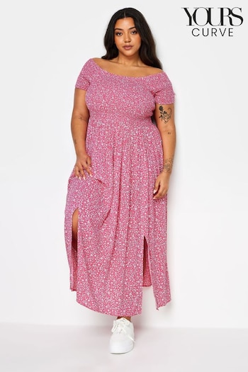 Yours Curve Pink Ditsy Floral Print Shirred Bardot Maxi Legeres Dress (N56200) | £34