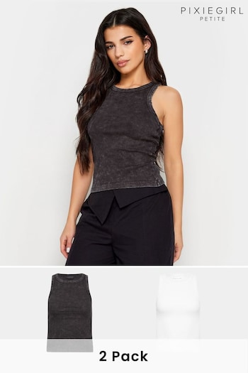 PixieGirl Petite Black/White Acid Wash And Black Plain Vest Tops 2 Pack (N56204) | £25