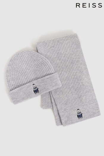 Reiss Soft Grey Melange Talbert Wool Motif Beanie Hat and Scarf Set (N56333) | £38
