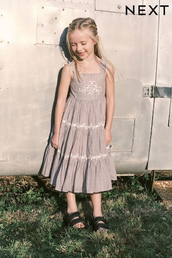Charcoal Grey Stripe Embroidered Maxi Dress (3-16yrs) (N56336) | £25 - £31