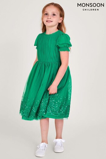 Monsoon Green Shirley Sequin Shirred Dress (N56382) | £48 - £58