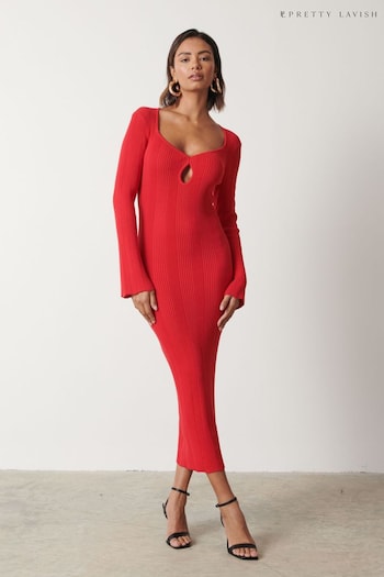 Pretty Lavish Red Lana Sweetheart Neck Knitted Jumper Dress (N56519) | £65