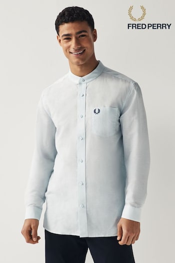 Fred Perry Blue Linen Blend Grandad Collar Long Sleeve Shirt (N56533) | £110