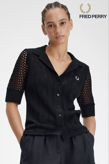 Fred Perry Open Knit Button Through Black Shirt (N56563) | £120