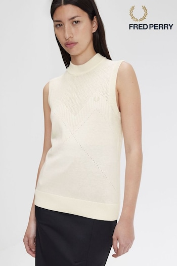 Fred Perry Ecru White Ponitelle Detail Knitted Vest (N56565) | £110