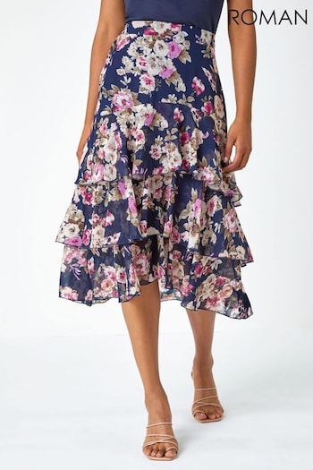 Roman Blue Floral Print Tiered Chiffon Skirt (N56579) | £35