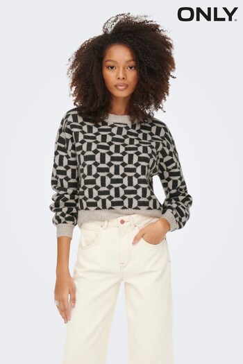 ONLY Cream Geo Abstract Print Knitted Jumper (N56749) | £38