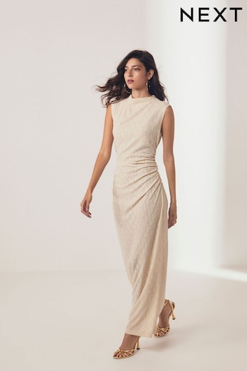 Ecru White Diamond Textured Sleeveless Ruched Maxi Dress (N57046) | £42